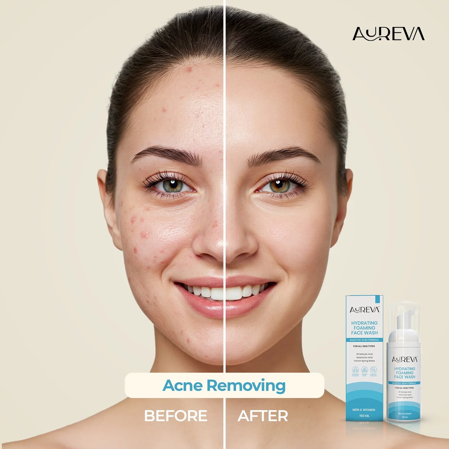 Aureva 2% Salicylic Acid Foaming Face Wash | With Hyaluronic Acid & French Spring Water | Dermatologist-Tested | Daily Use