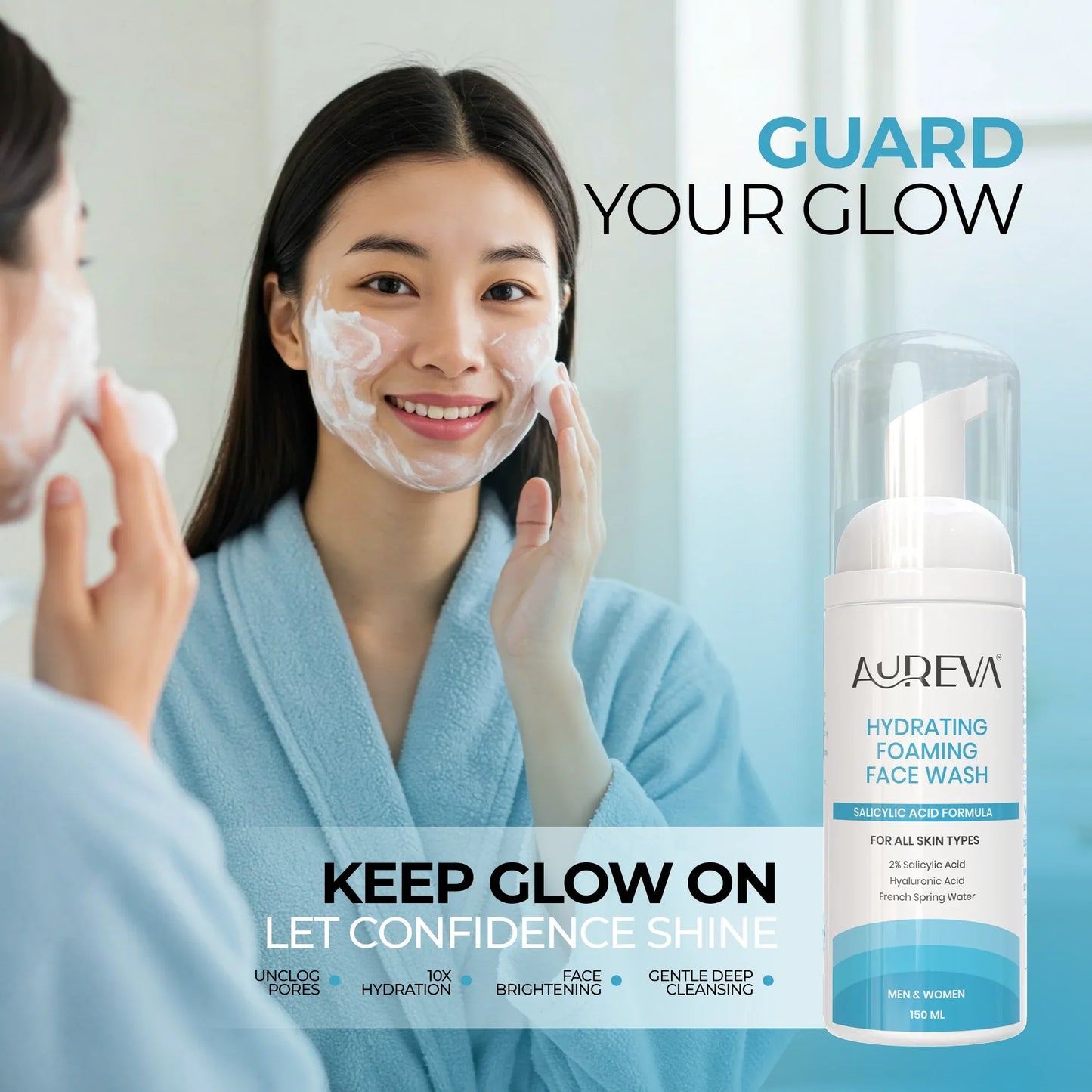 Aureva 2% Salicylic Acid Foaming Face Wash | With Hyaluronic Acid & French Spring Water | Dermatologist-Tested |  Daily Use