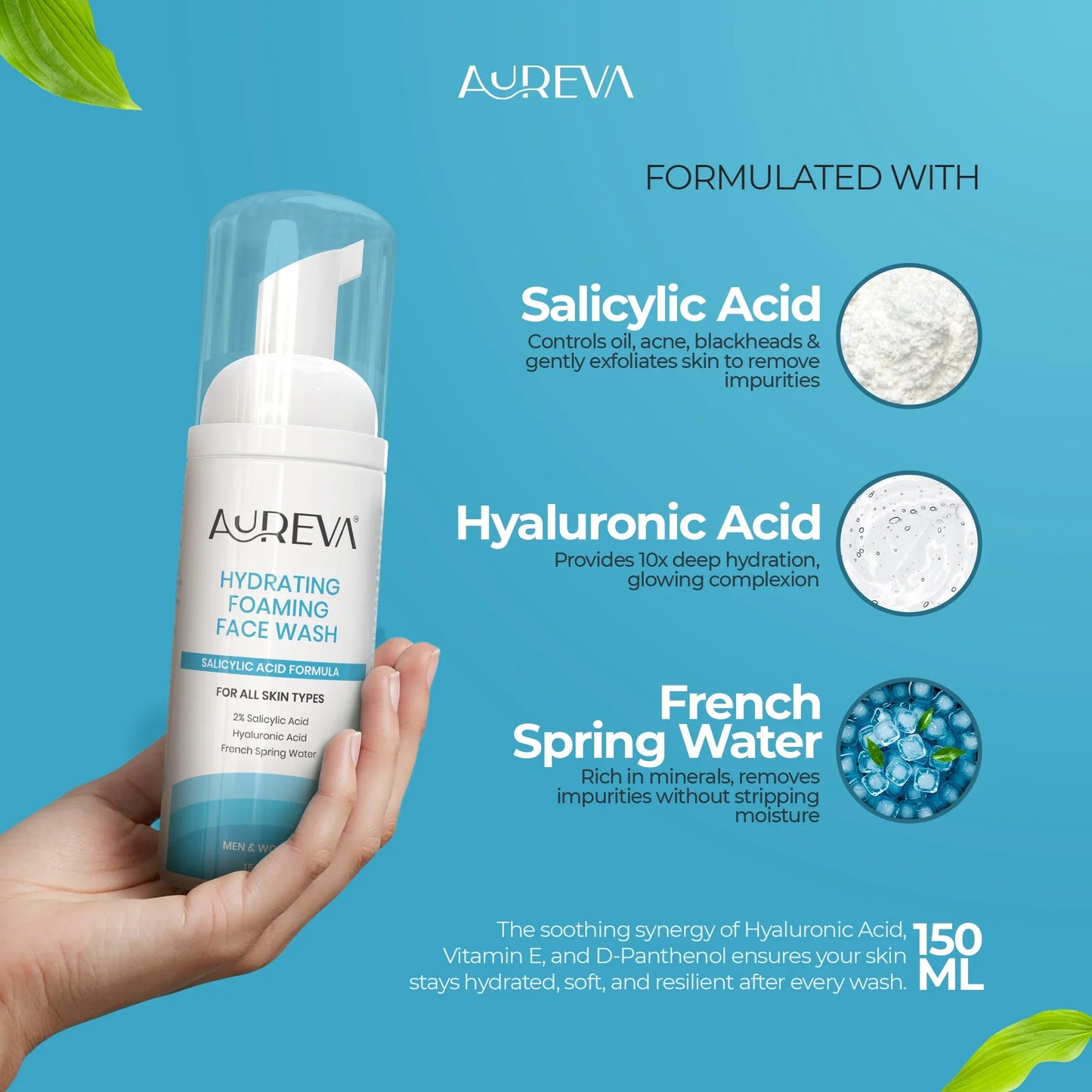 Aureva 2% Salicylic Acid Foaming Face Wash | With Hyaluronic Acid & French Spring Water | Dermatologist-Tested |  Daily Use